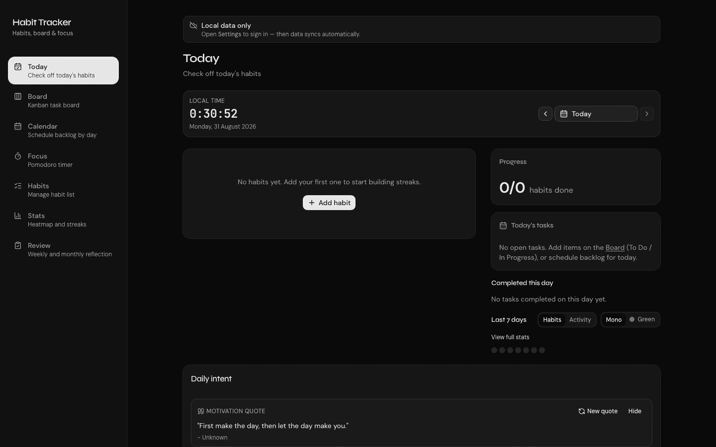 Habit Tracker today view with sidebar navigation