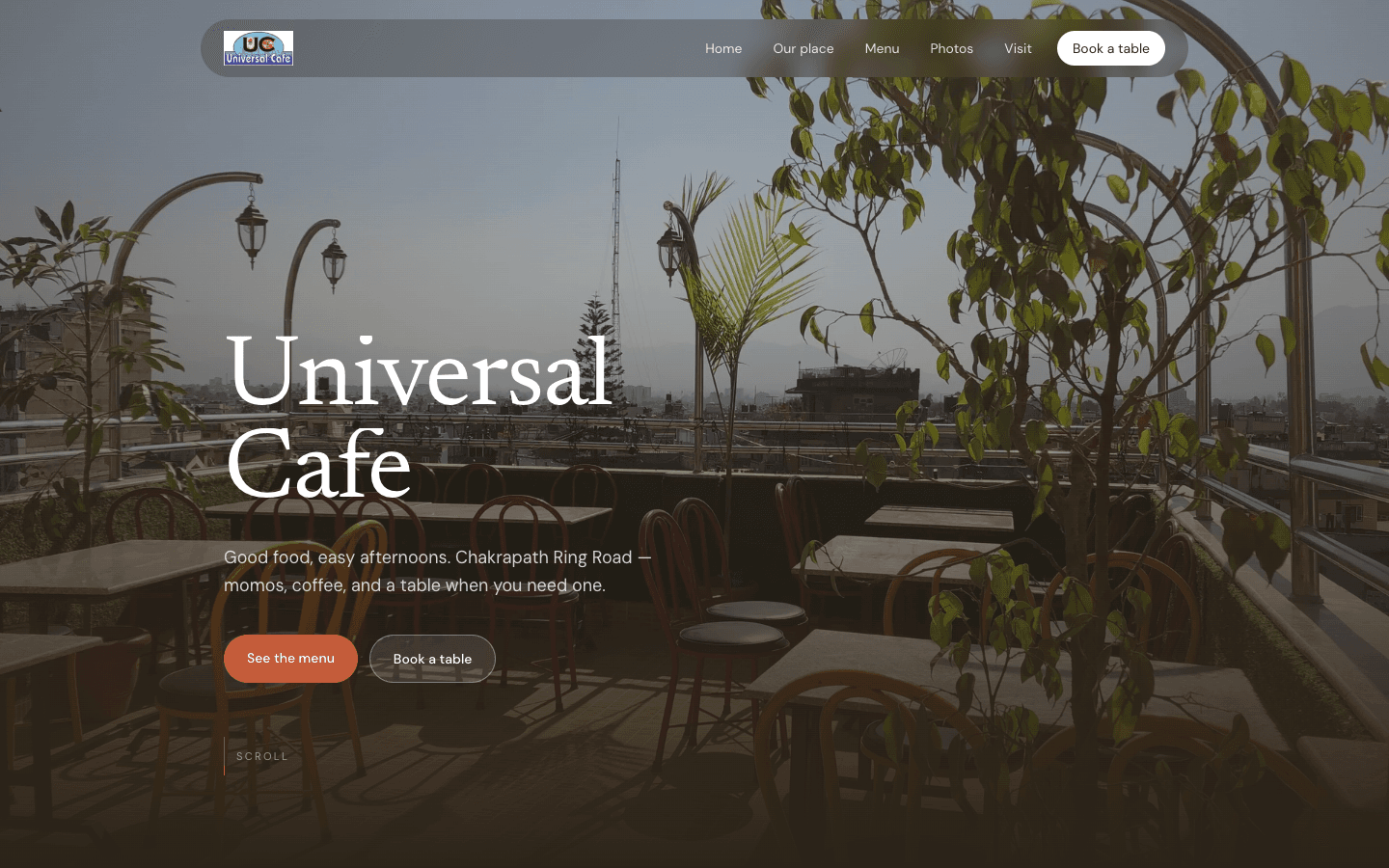 Universal Cafe website with rooftop terrace hero